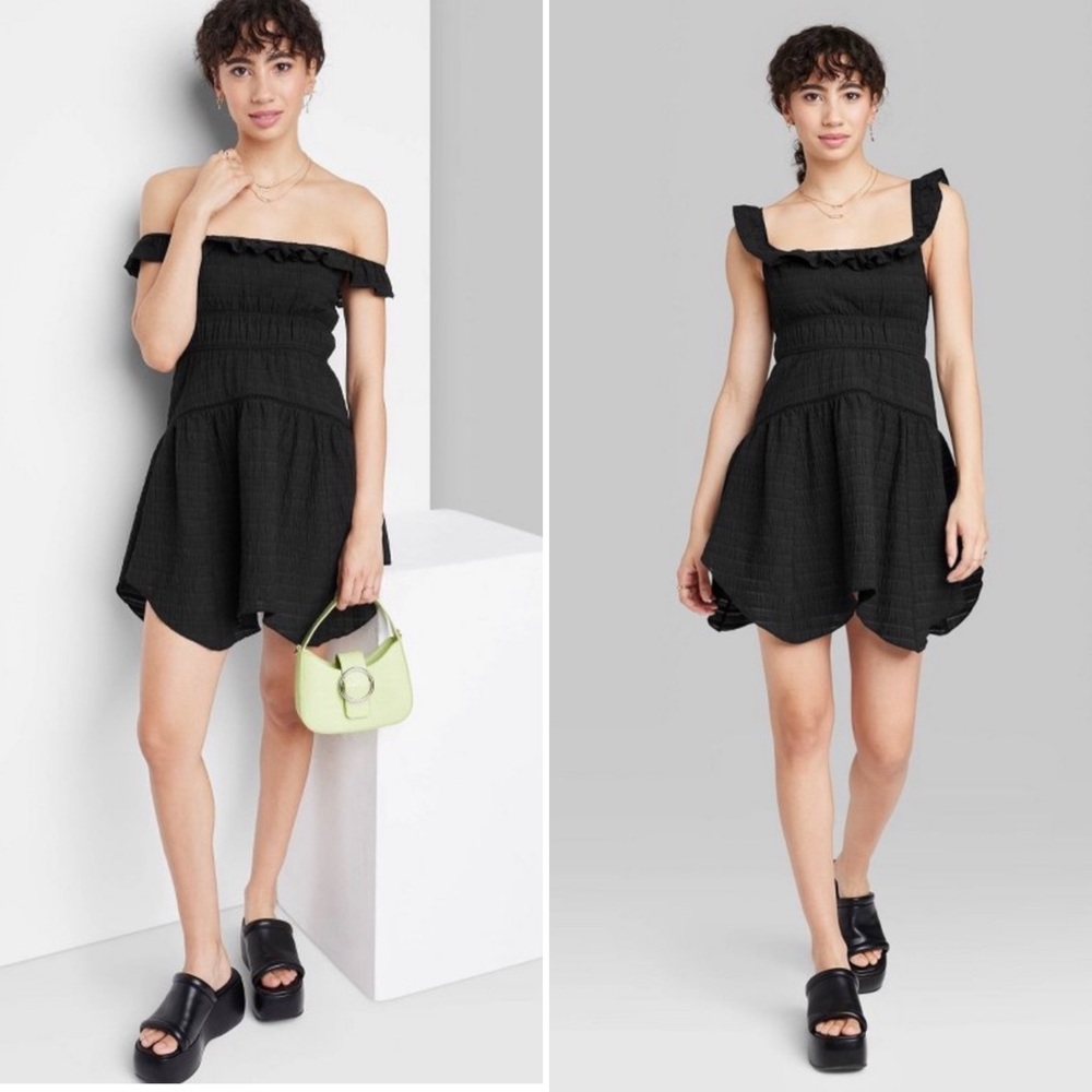 Wild Fable Ruffle Tiered Asymmetrical Hem Skater Dress - Black